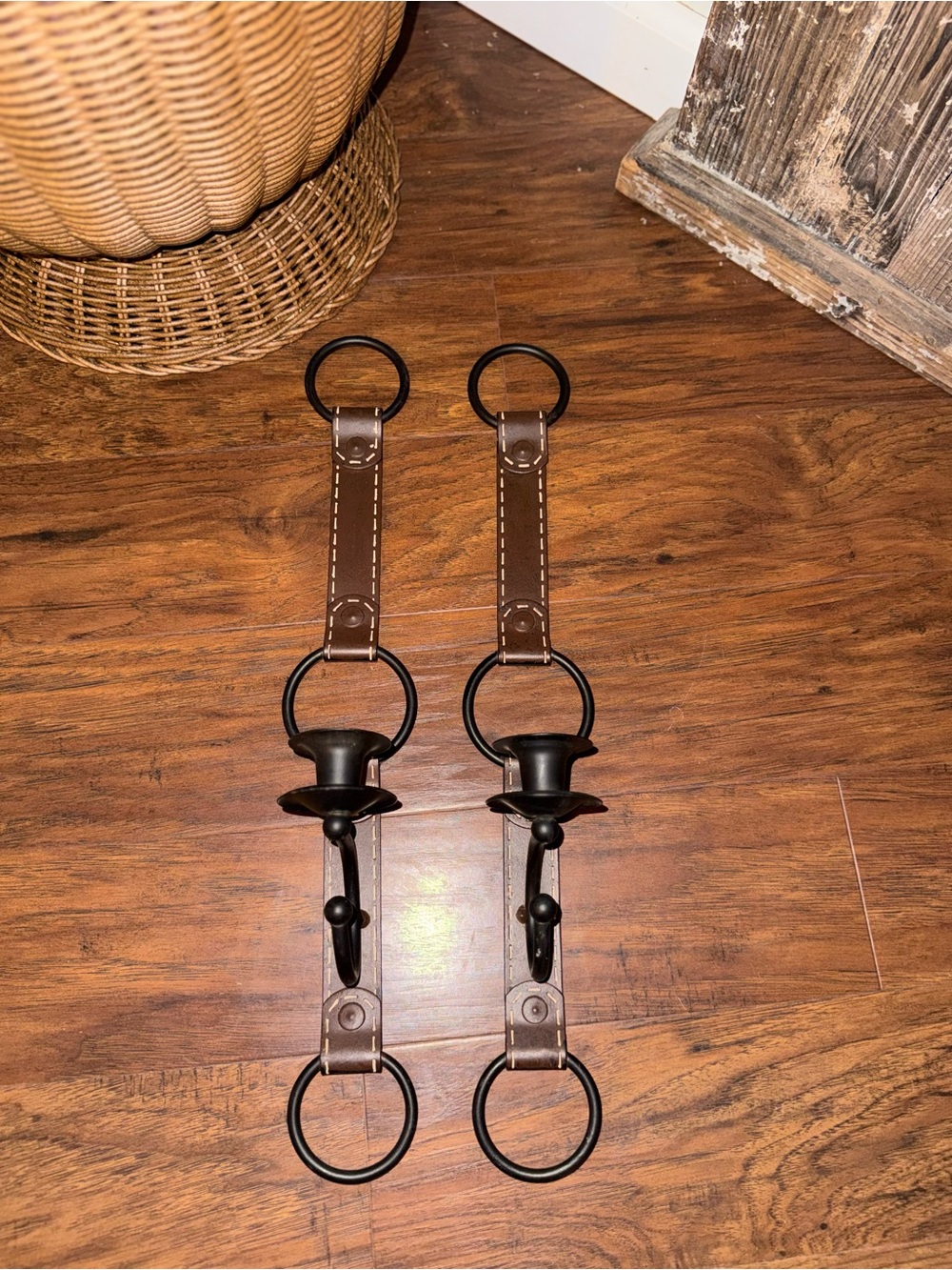 1990s Equestrian Faux Leather Metal Candle Sconces In Style Of Jacques Adnet